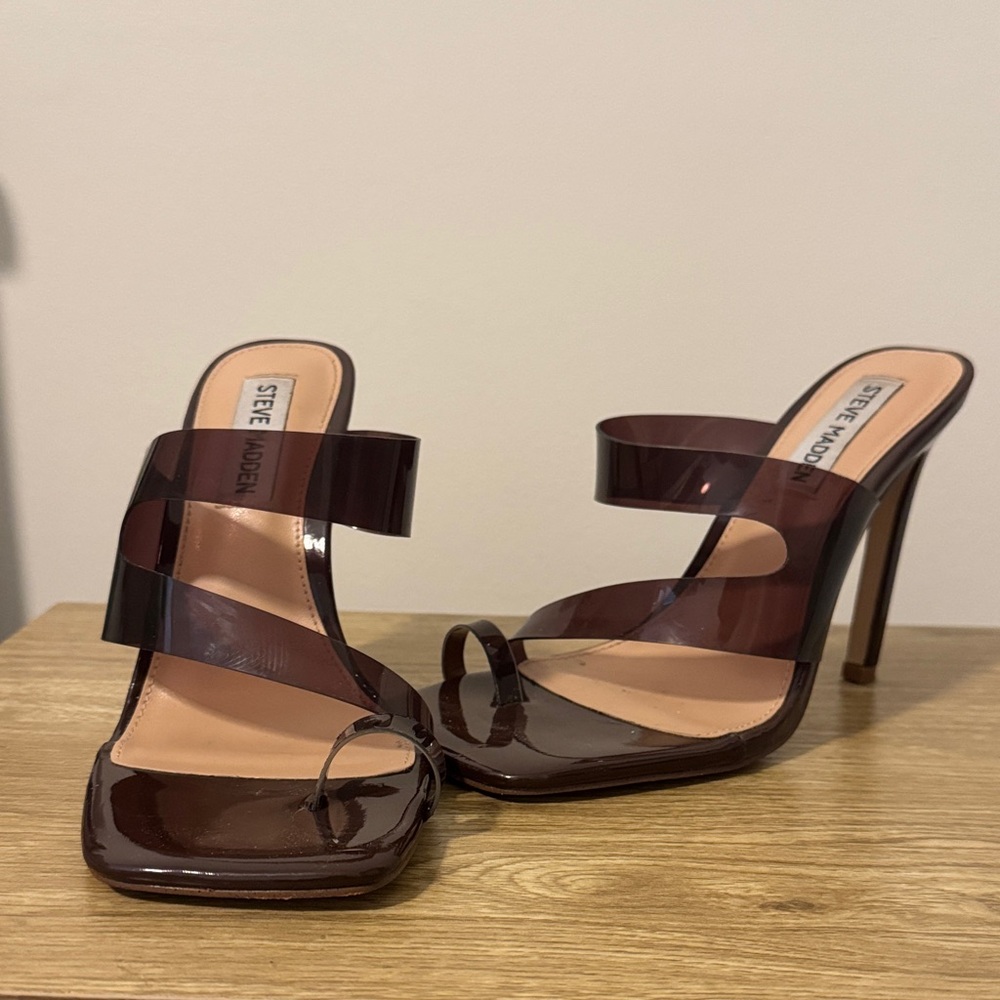 Steve Madden Brown Clear Strap Toe-Ring Stiletto Mules